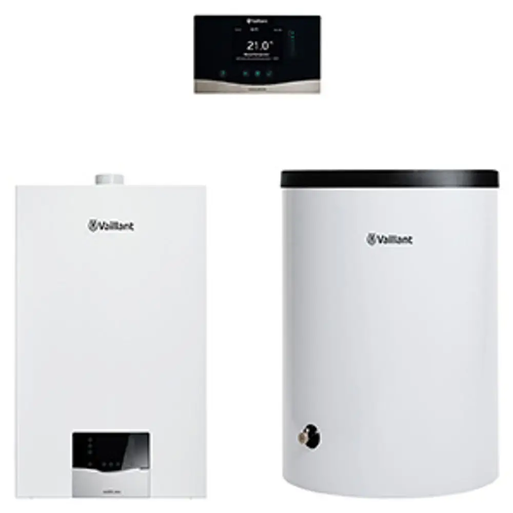 Vaillant Heizgerät mit Wandthermostat und warmwasserspeicher, alles in weißen Gehäusen, angeordnet in einer kompakten Anordnung.